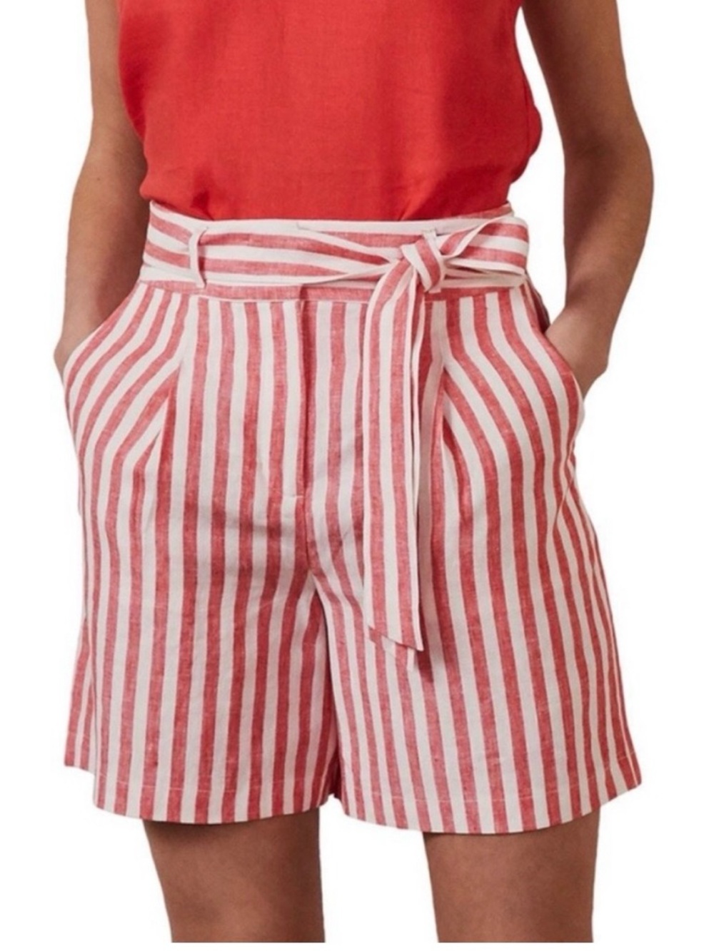 Boden Striped Tie-Waist Linen Blend Shorts - Red/White - Like New